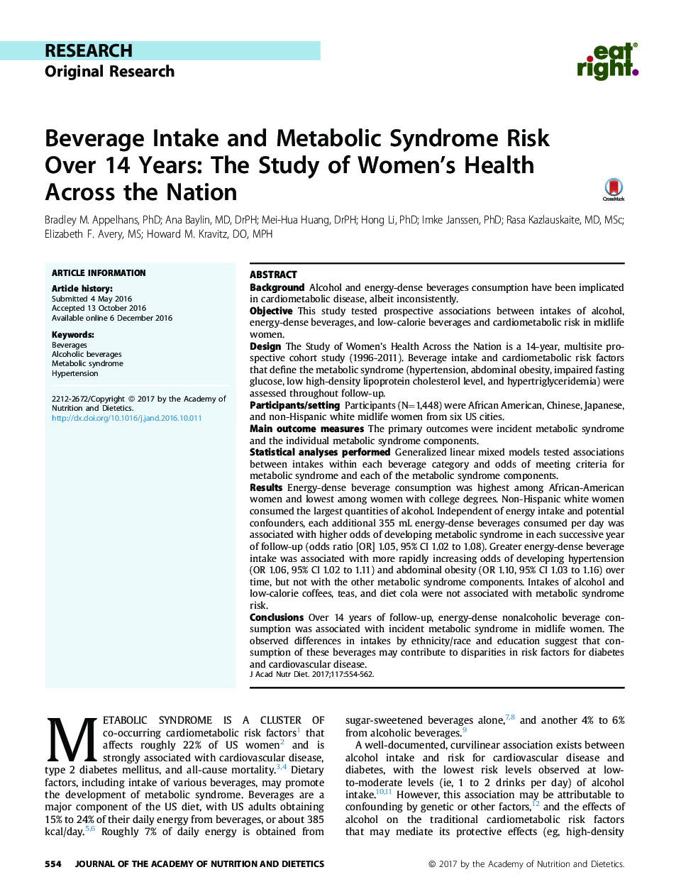 Beverage Intake and Metabolic Syndrome Risk Over 14 Years: The Study of Women's Health Across the Nation