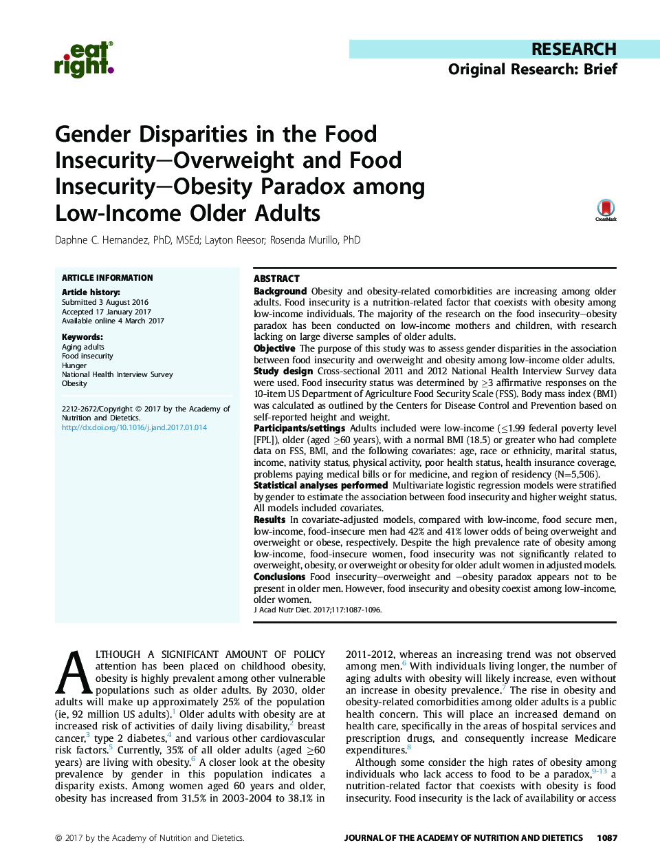 اختلافات جنسیتی در ناامنی غذایی - اضافه وزن و ناامنی غذایی - چاقی پارادوکس در میان بزرگسالان با درآمد پایین 