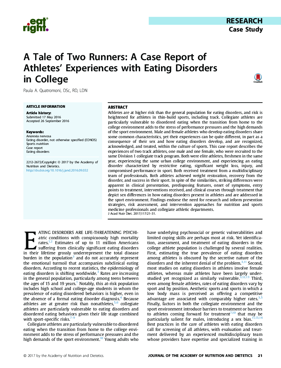 A Tale of Two Runners: A Case Report of Athletes' Experiences with Eating Disorders inÂ College