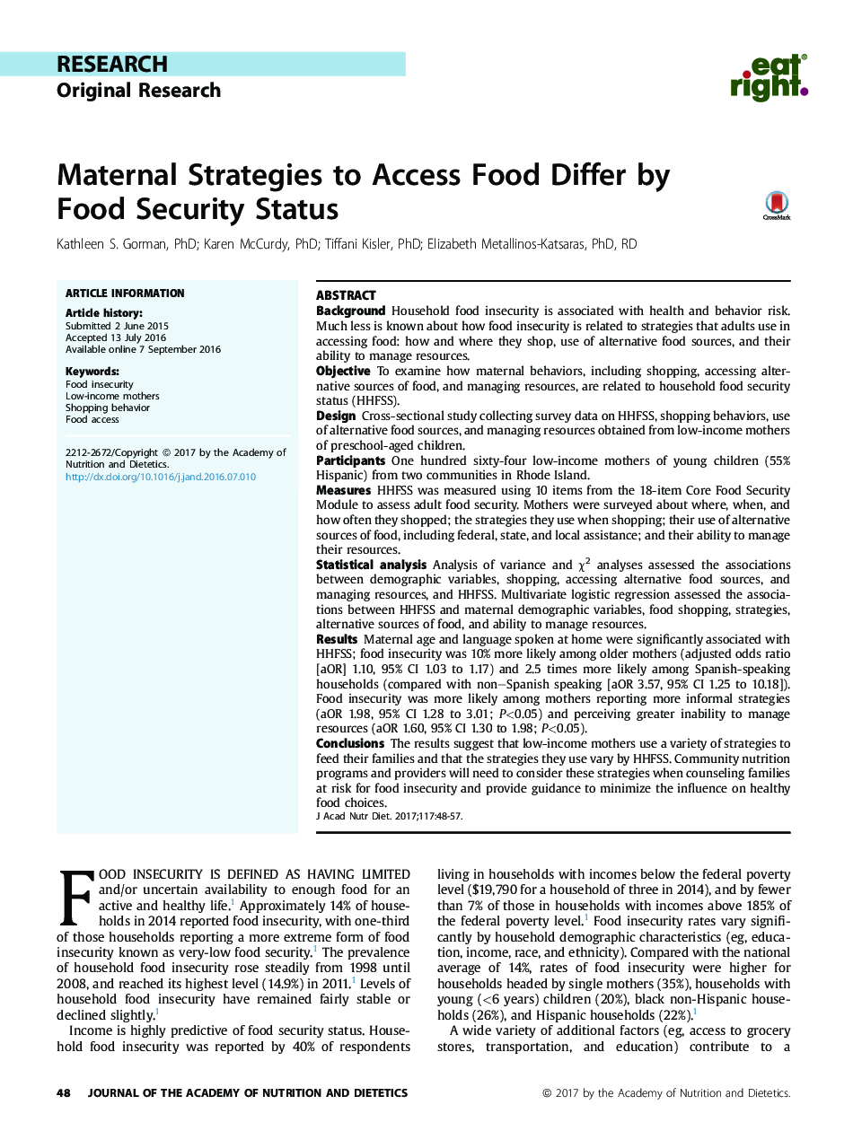 Maternal Strategies to Access Food Differ by Food Security Status