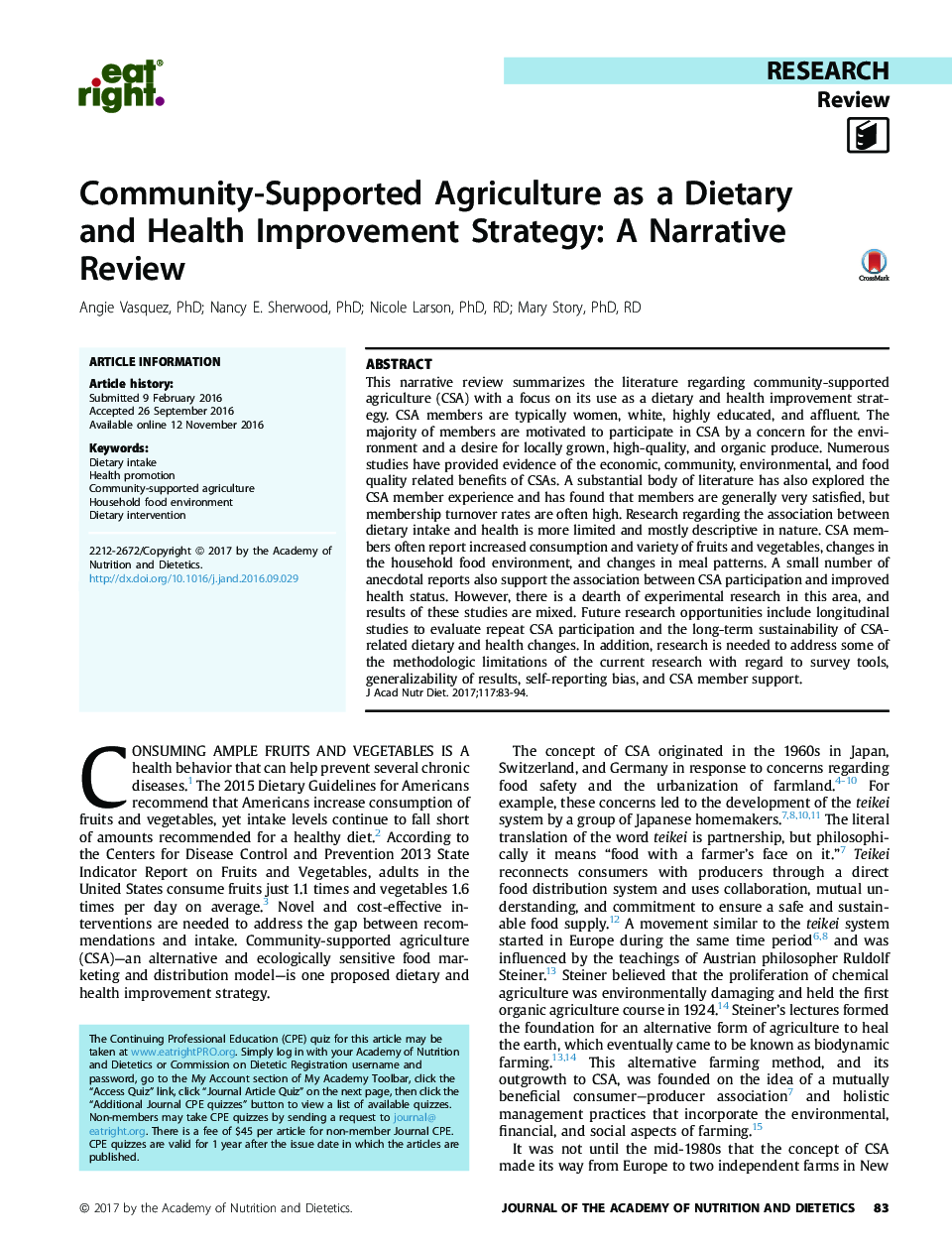 Community-Supported Agriculture as a Dietary and Health Improvement Strategy: A Narrative Review