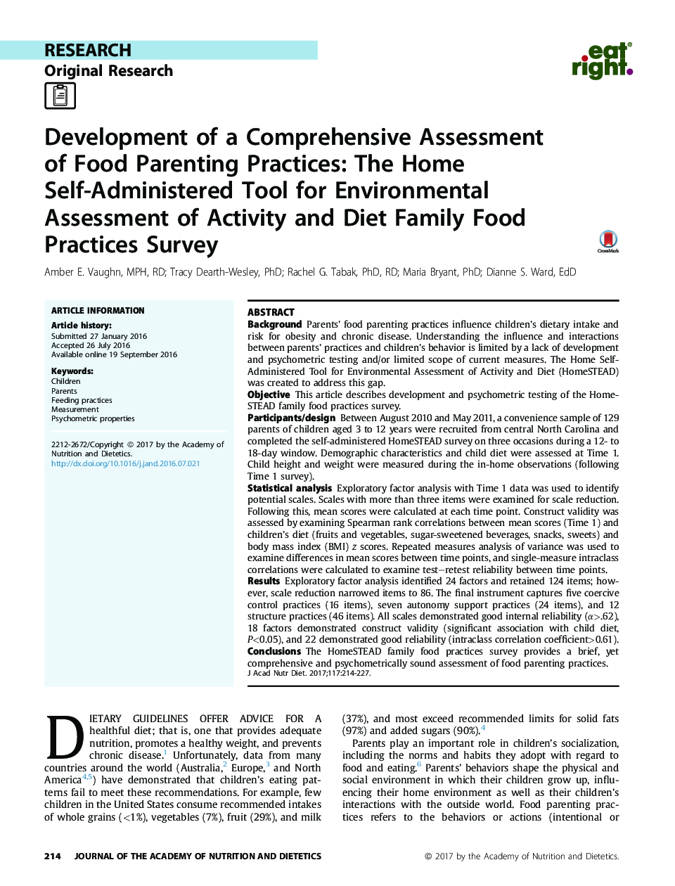 Development of a Comprehensive Assessment of Food Parenting Practices: The Home Self-Administered Tool for Environmental Assessment of Activity and Diet Family Food Practices Survey