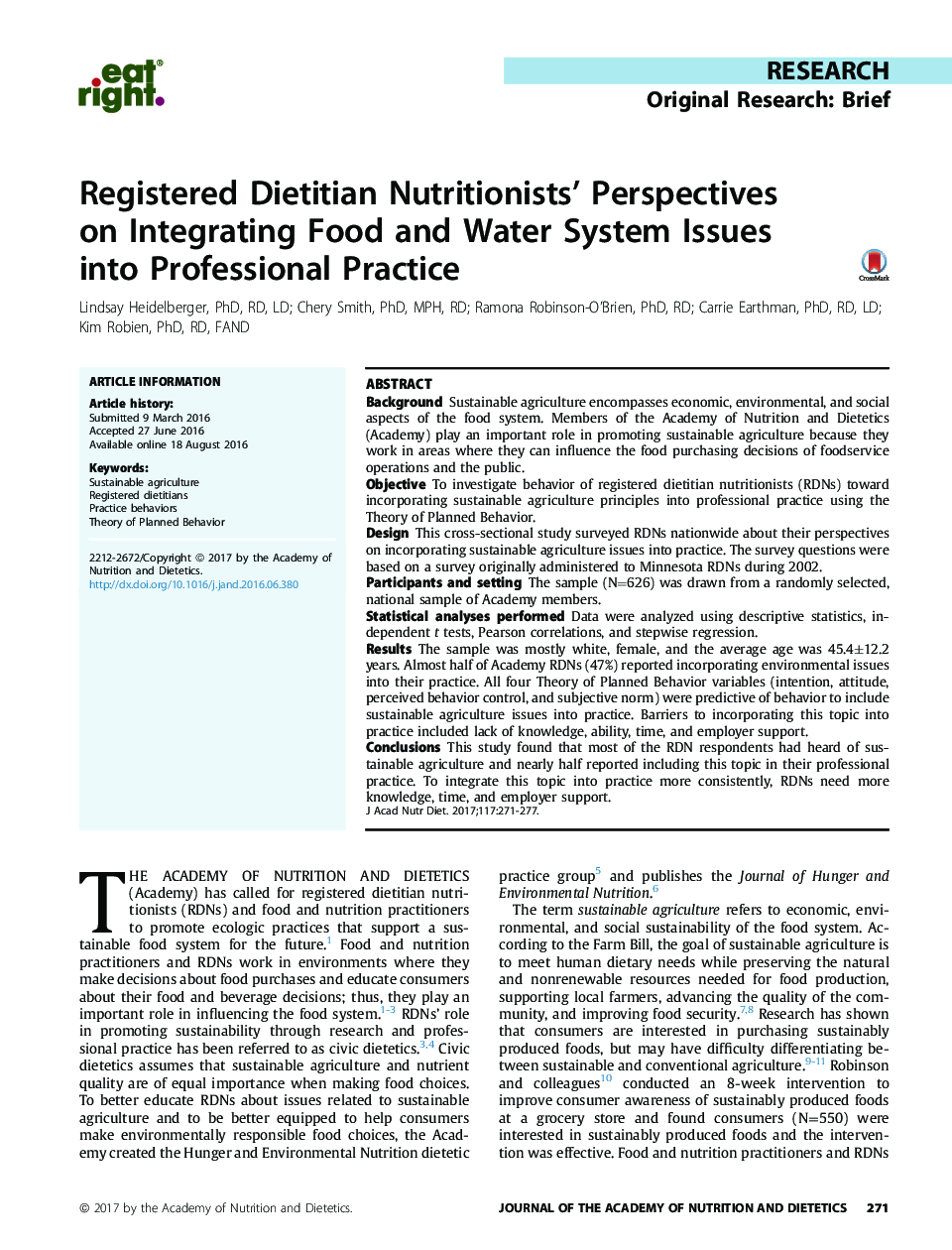 Registered Dietitian Nutritionists' Perspectives on Integrating Food and Water System Issues into Professional Practice