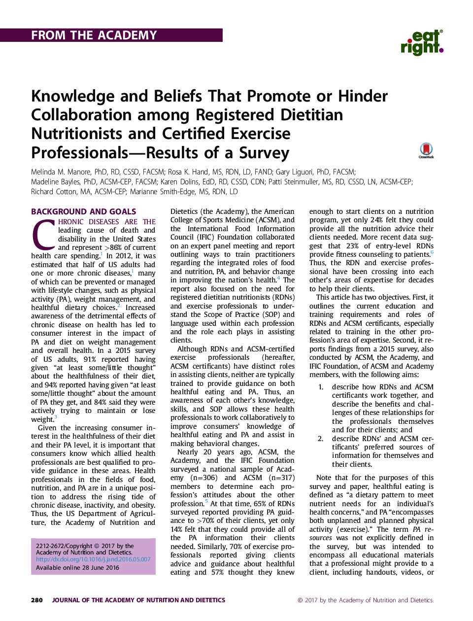 Knowledge and Beliefs That Promote or Hinder Collaboration among Registered Dietitian Nutritionists and Certified Exercise Professionals-Results of a Survey