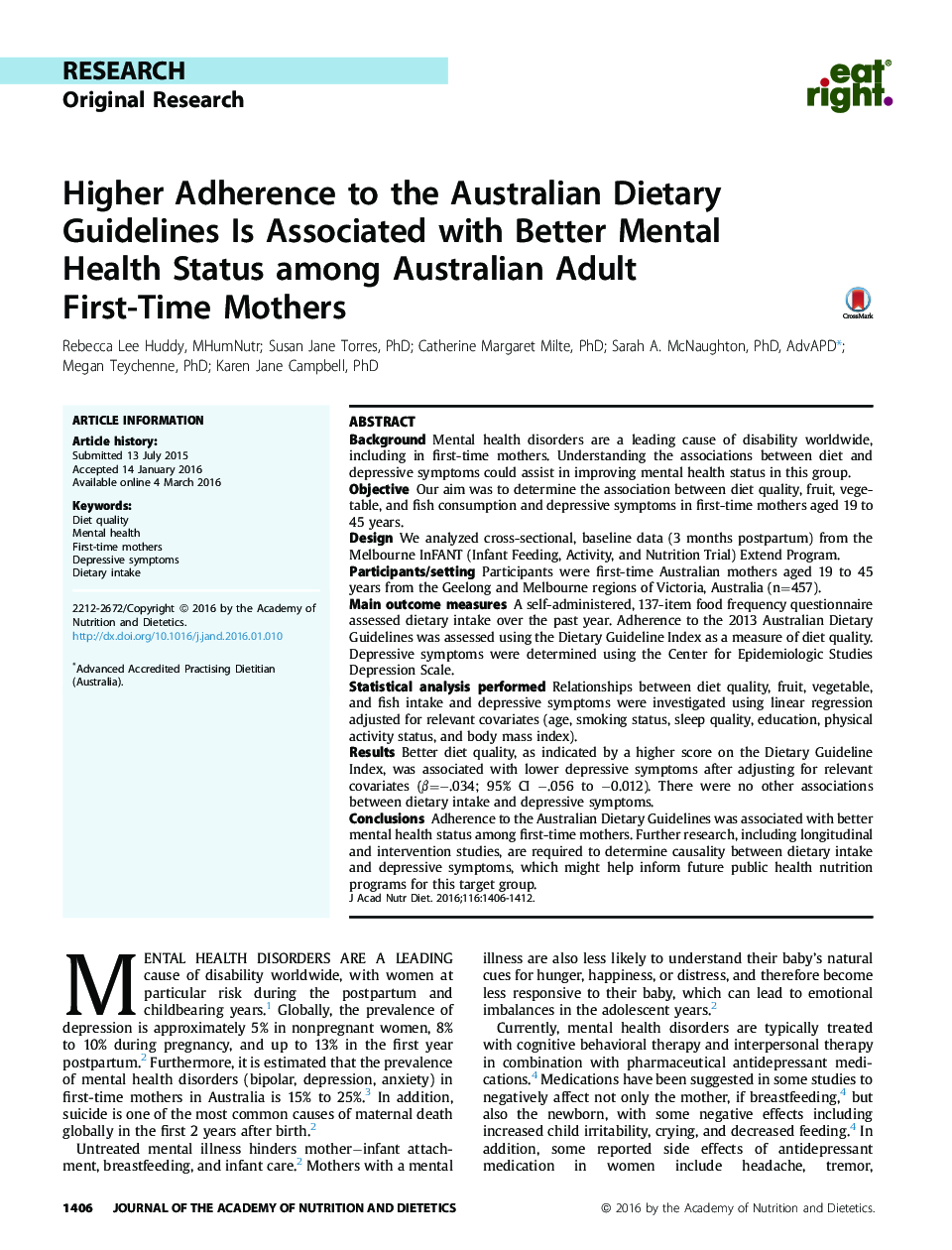 پایبندی بیشتر به دستورالعمل های رژیم غذایی استرالیا با وضعیت سلامت روانی بهتر در مادران باروری بزرگسالان استرالیا 