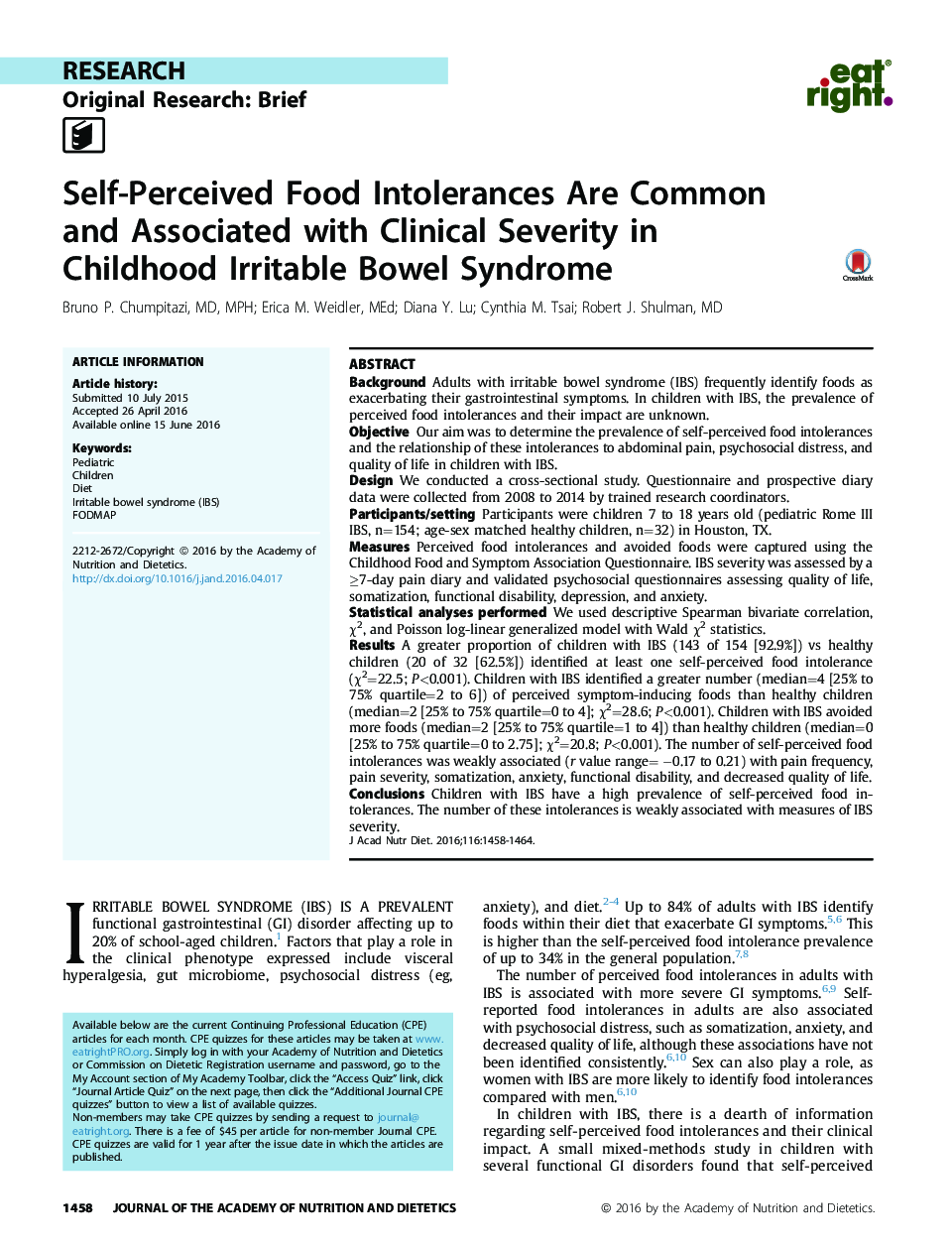 Self-Perceived Food Intolerances Are Common and Associated with Clinical Severity in Childhood Irritable Bowel Syndrome