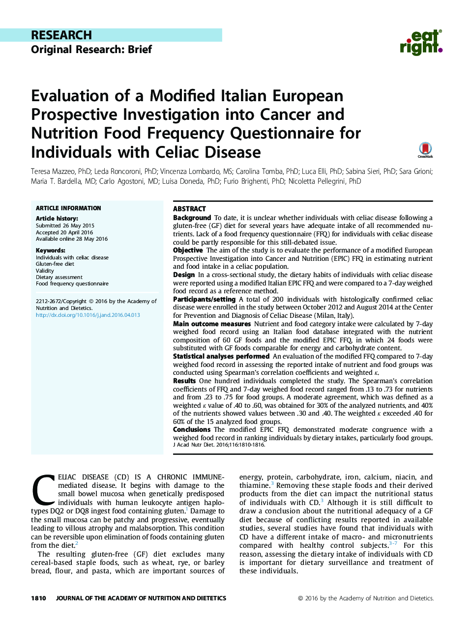 Evaluation of a Modified Italian European Prospective Investigation into Cancer and Nutrition Food Frequency Questionnaire for Individuals with Celiac Disease