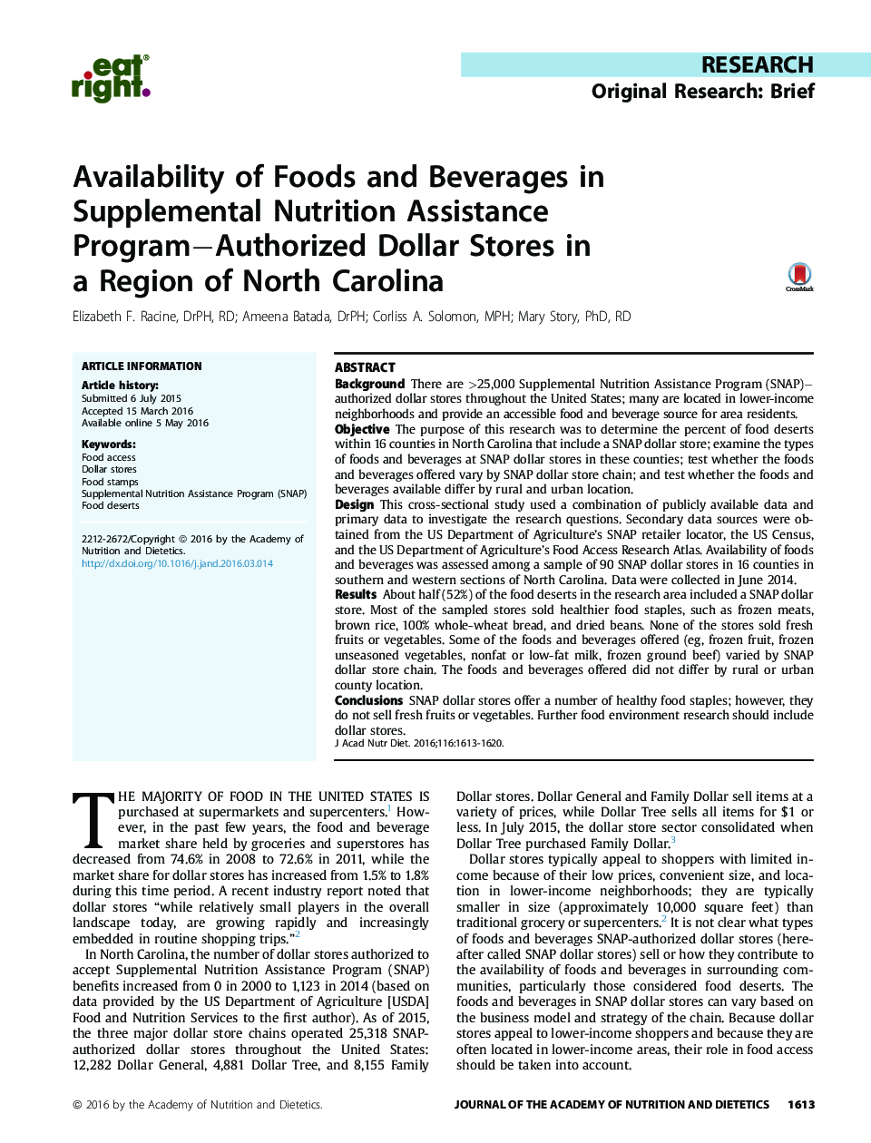 Availability of Foods and Beverages in Supplemental Nutrition Assistance ProgramâAuthorized Dollar Stores in a Region of North Carolina