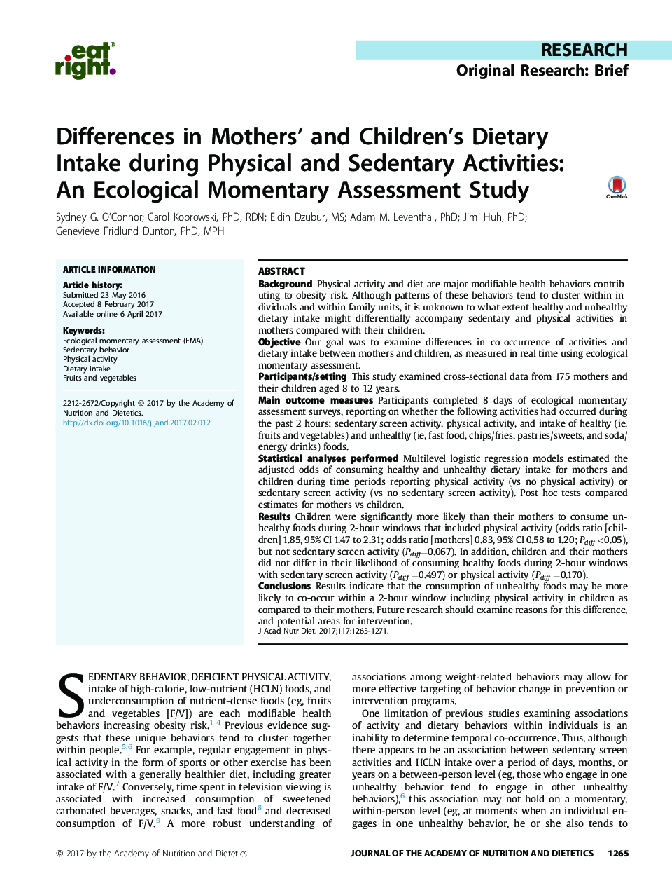 تحقیقات تحقیقاتی: تفاوت های مختصر در مصرف غذای مادران و فرزندان در طول فعالیت های فیزیکی و بارداری: یک مطالعه ارزیابی لحظه ای اکولوژیکی 