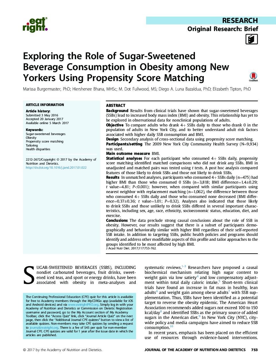 Exploring the Role of Sugar-Sweetened Beverage Consumption in Obesity among New Yorkers Using Propensity Score Matching