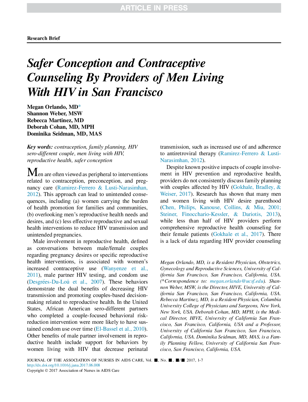Safer Conception and Contraceptive Counseling By Providers of Men Living With HIV in San Francisco