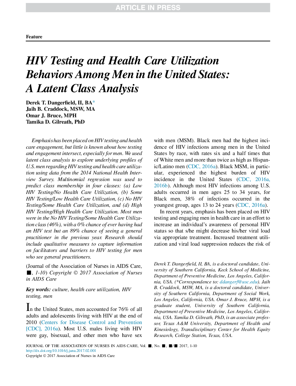 HIV Testing and Health Care Utilization Behaviors Among Men in the United States: A Latent Class Analysis