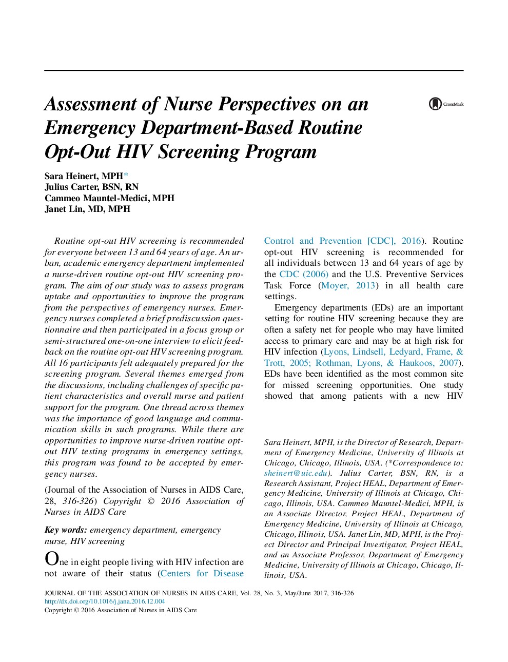 Assessment of Nurse Perspectives on an Emergency Department-Based Routine Opt-Out HIV Screening Program