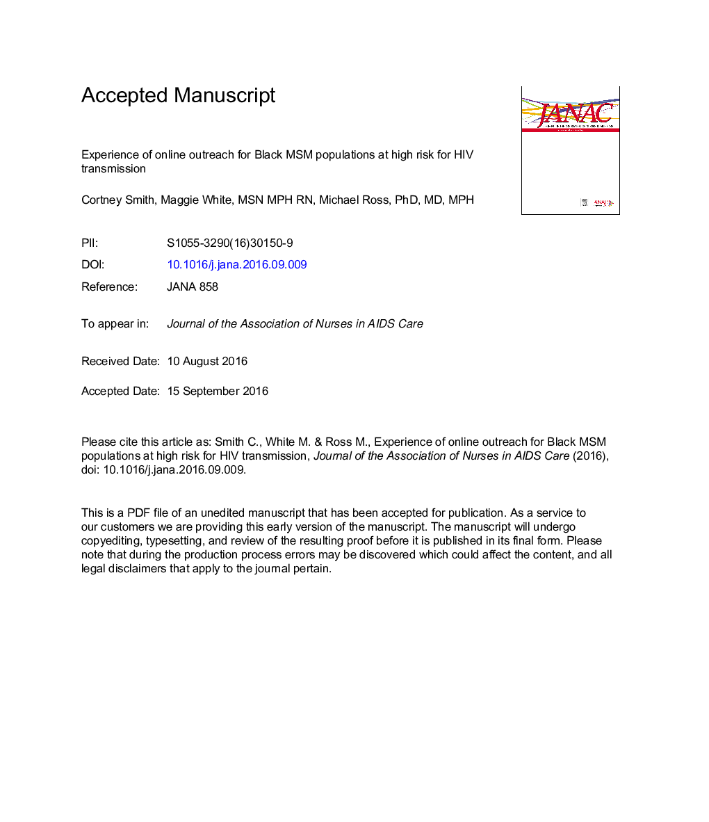 Experience of Online Outreach for Black MSM Populations at High Risk for HIV Transmission