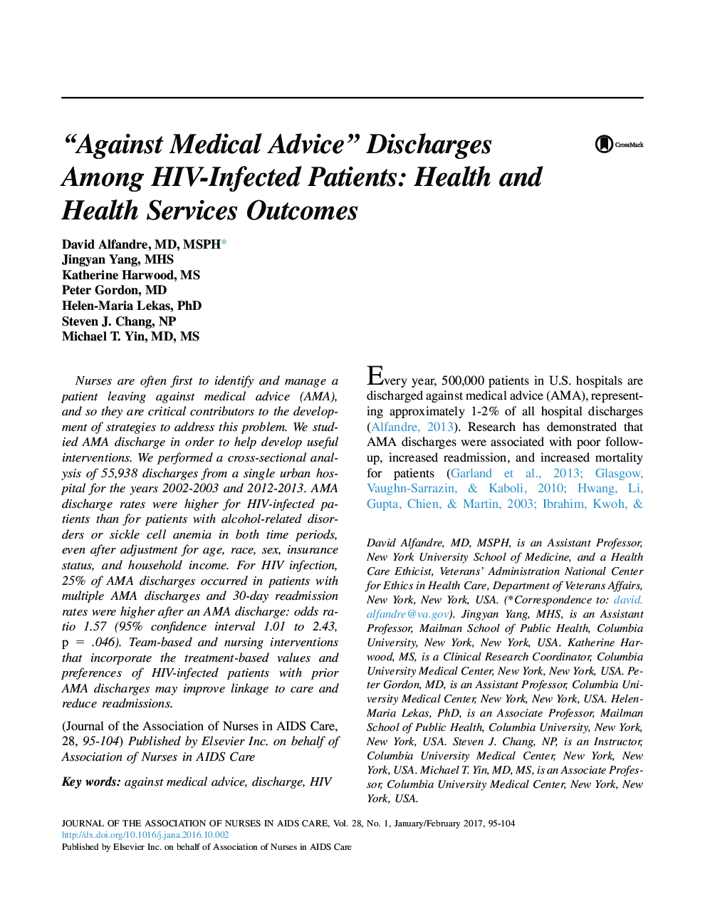 “Against Medical Advice” Discharges Among HIV-Infected Patients: Health and Health Services Outcomes