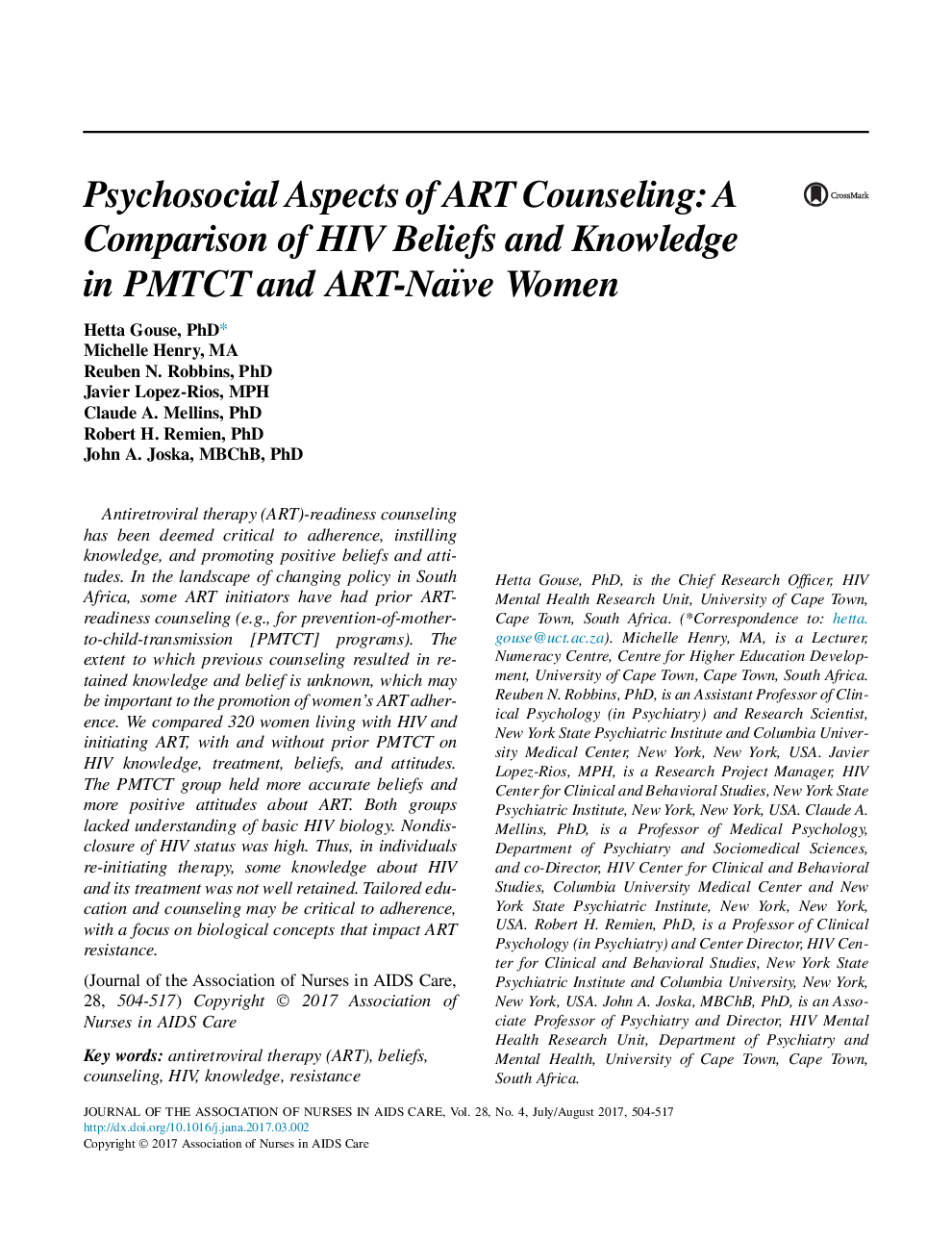 Psychosocial Aspects of ART Counseling: A Comparison of HIV Beliefs and Knowledge in PMTCT and ART-Naïve Women