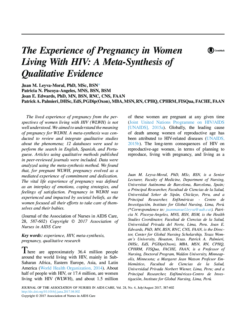 The Experience of Pregnancy in Women Living With HIV: A Meta-Synthesis of Qualitative Evidence