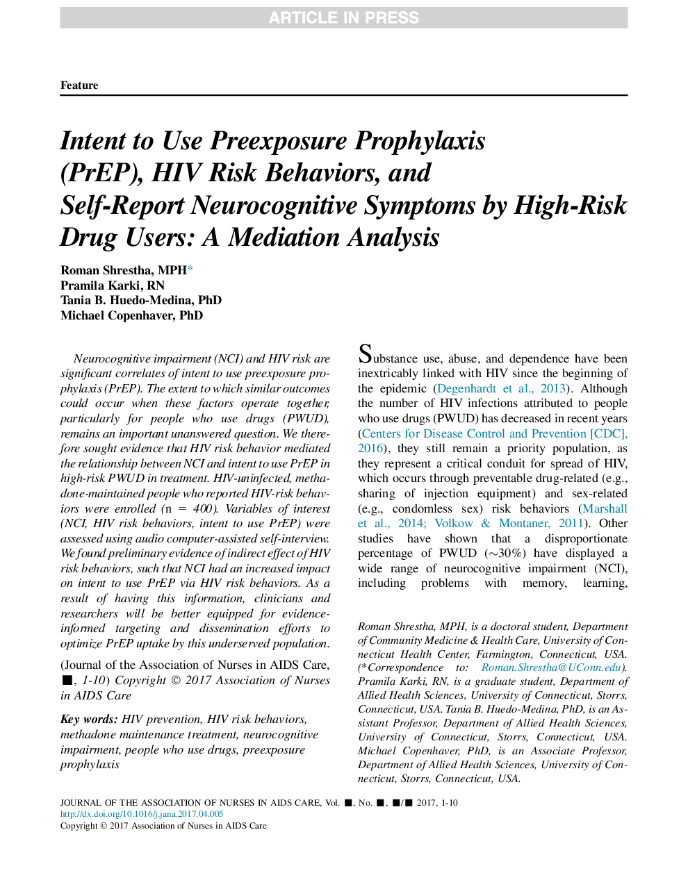 Intent to Use Preexposure Prophylaxis (PrEP), HIV Risk Behaviors, and Self-Report Neurocognitive Symptoms by High-Risk Drug Users: A Mediation Analysis