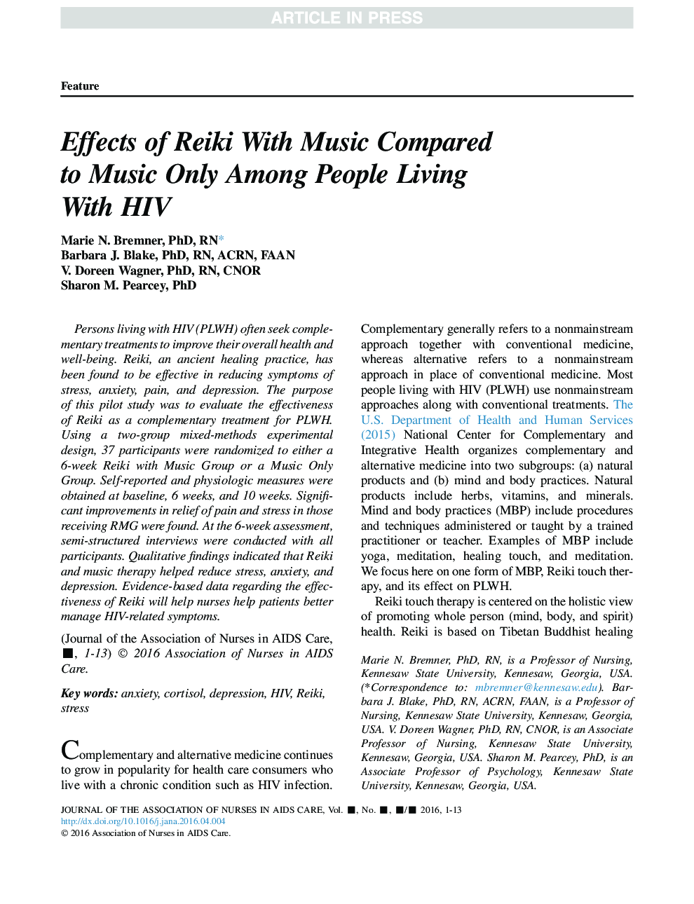 Effects of Reiki With Music Compared to Music Only Among People Living With HIV