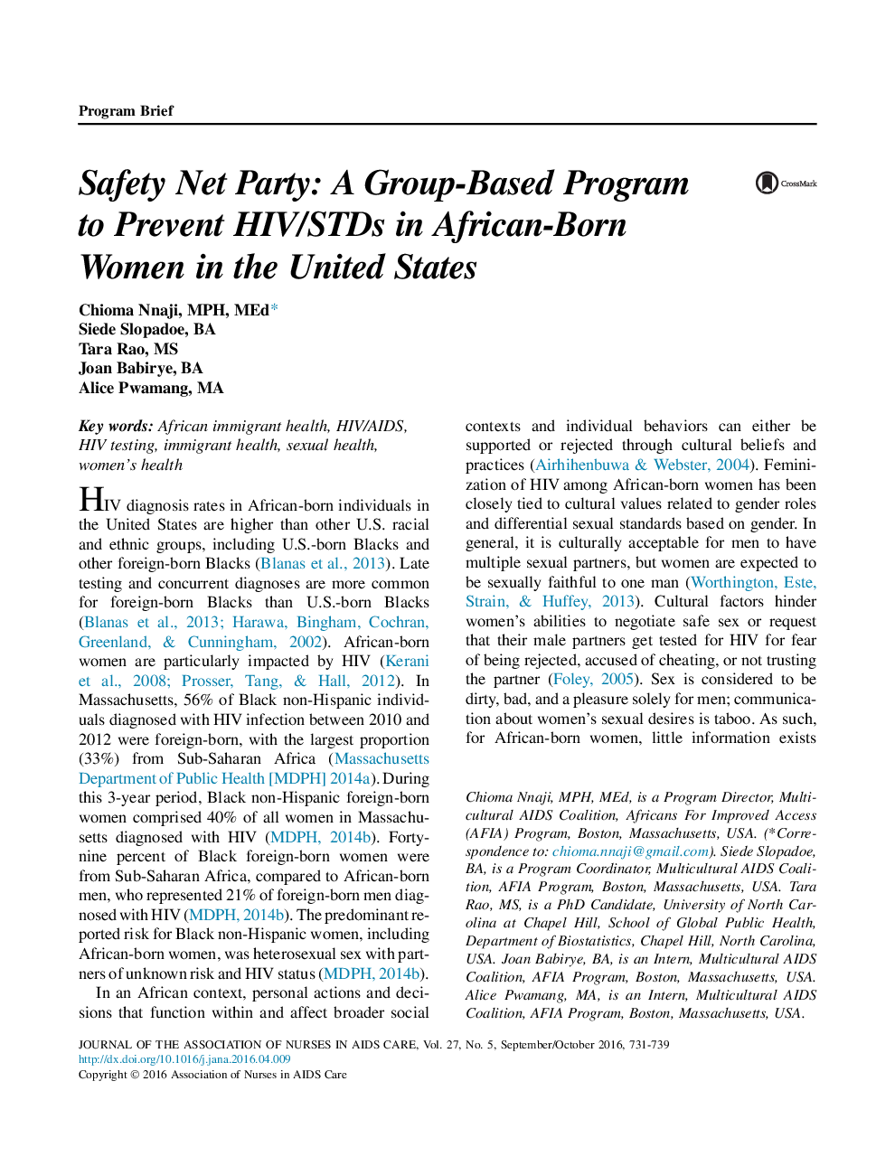 Safety Net Party: A Group-Based Program to Prevent HIV/STDs in African-Born Women in the United States