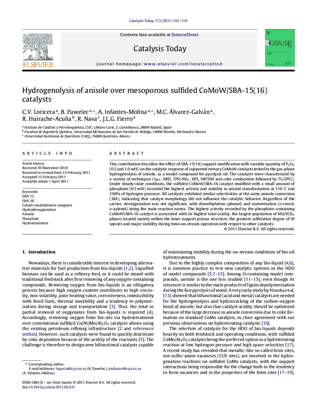 Hydrogenolysis of anisole over mesoporous sulfided CoMoW/SBA-15(16) catalysts