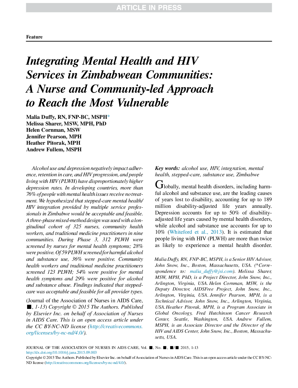 Integrating Mental Health and HIV Services in Zimbabwean Communities: AÂ Nurse and Community-led Approach toÂ ReachÂ theÂ Most Vulnerable