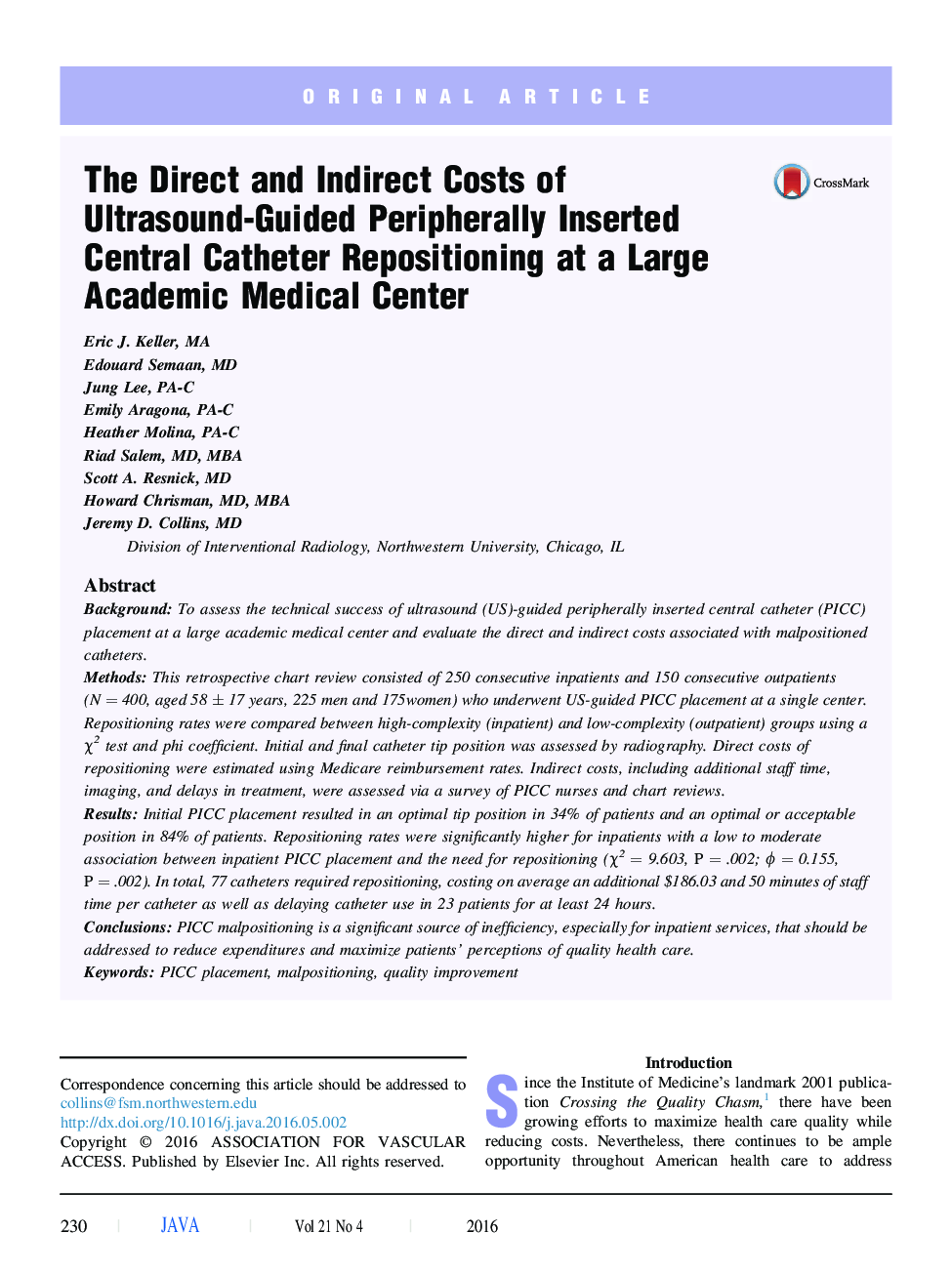 The Direct and Indirect Costs of Ultrasound-Guided Peripherally Inserted Central Catheter Repositioning at a Large Academic Medical Center