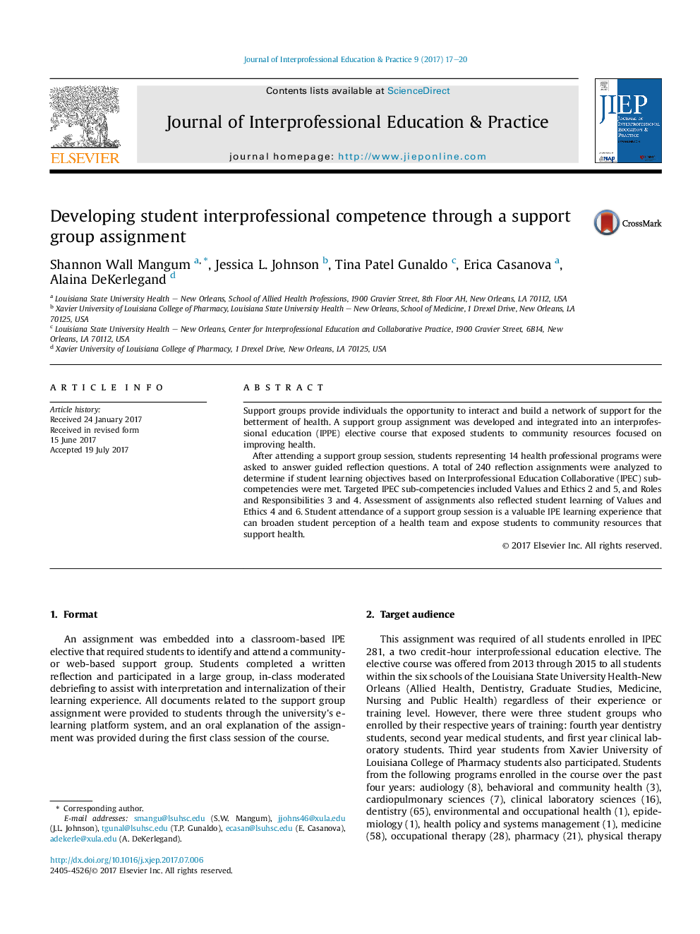 Developing student interprofessional competence through a support group assignment