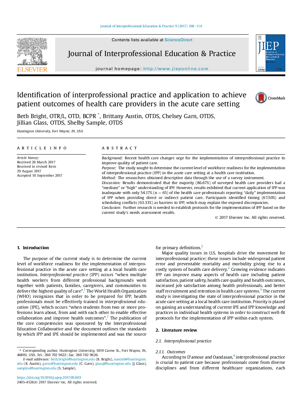 Identification of interprofessional practice and application to achieve patient outcomes of health care providers in the acute care setting