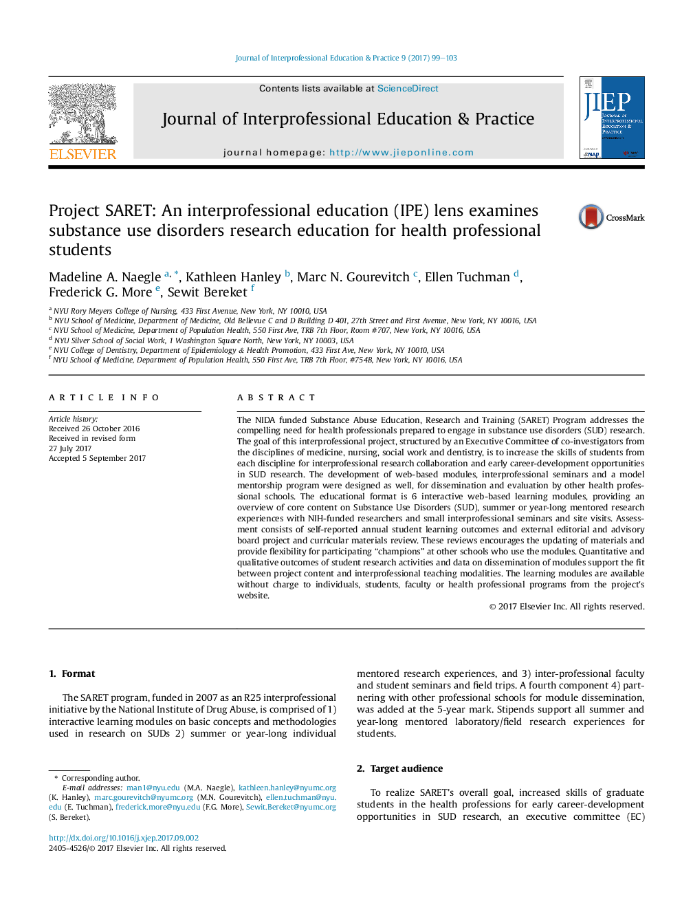 Project SARET: An interprofessional education (IPE) lens examines substance use disorders research education for health professional students