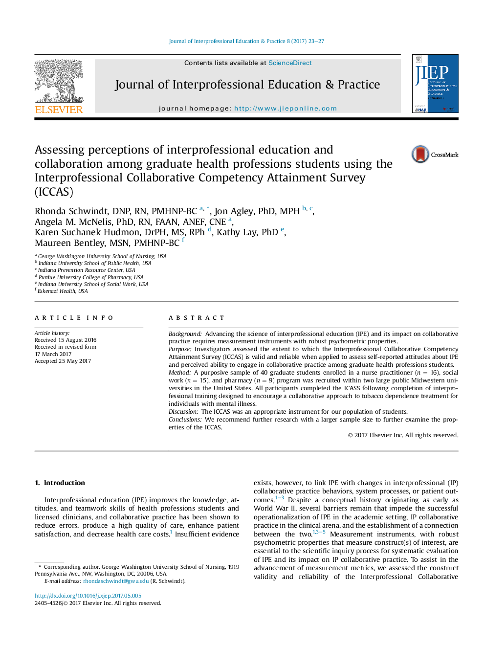 Assessing perceptions of interprofessional education and collaboration among graduate health professions students using the Interprofessional Collaborative Competency Attainment Survey (ICCAS)