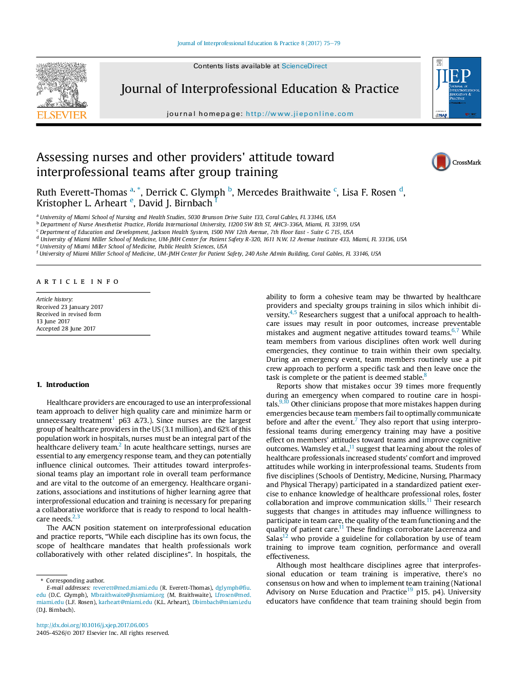 Assessing nurses and other providers' attitude toward interprofessional teams after group training