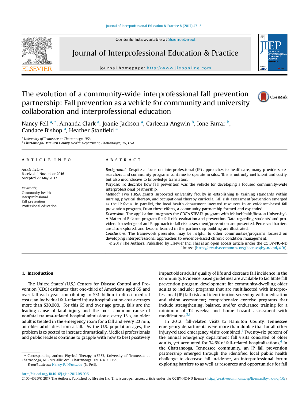 The evolution of a community-wide interprofessional fall prevention partnership: Fall prevention as a vehicle for community and university collaboration and interprofessional education