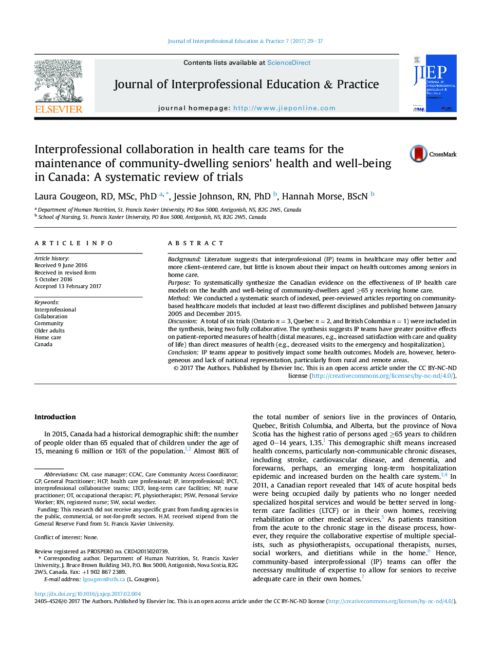 Interprofessional collaboration in health care teams for the maintenance of community-dwelling seniors' health and well-being in Canada: A systematic review of trials