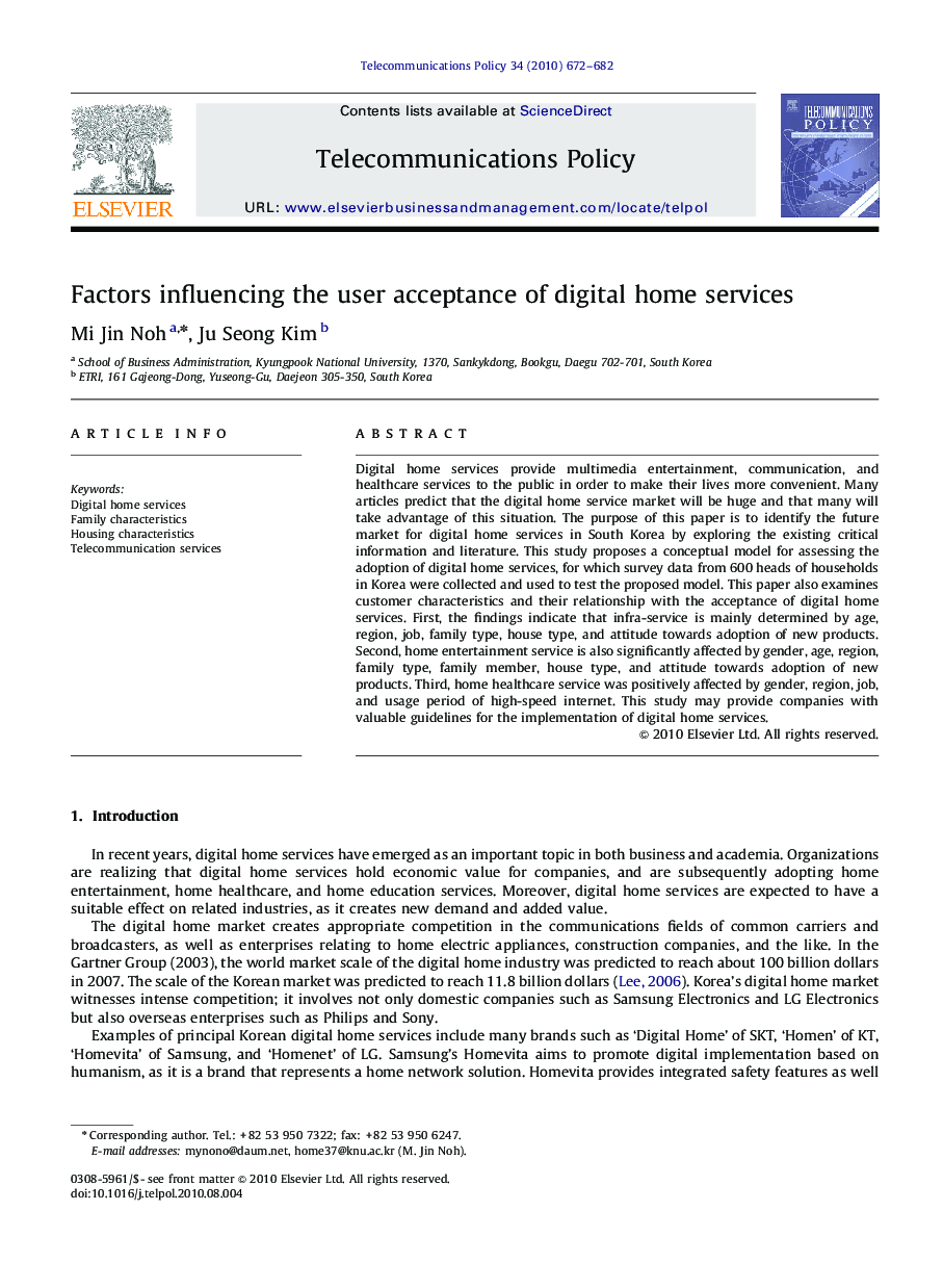 Factors influencing the user acceptance of digital home services