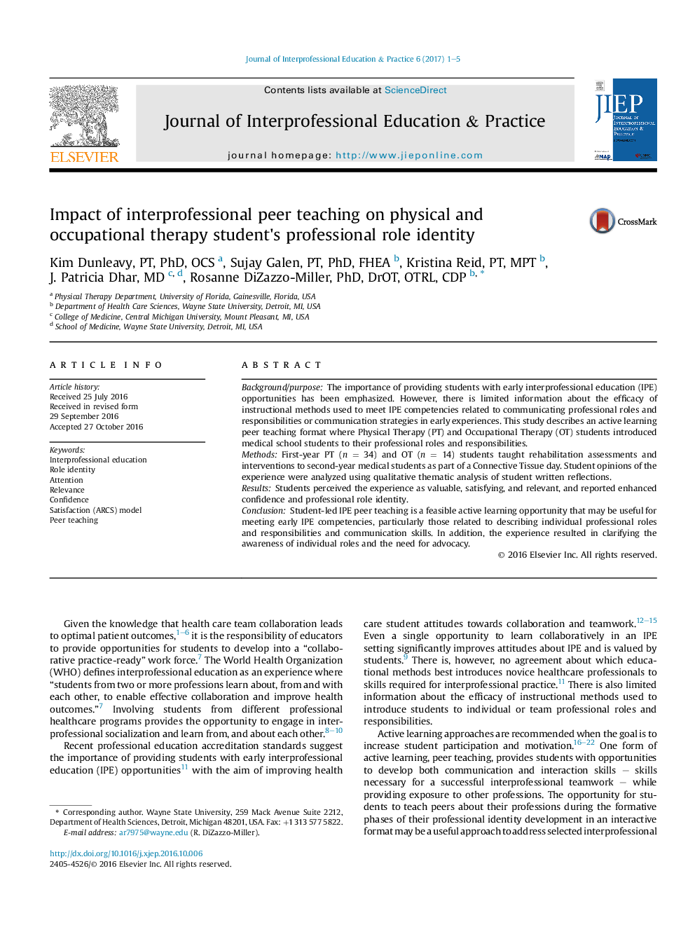 Impact of interprofessional peer teaching on physical and occupational therapy student's professional role identity