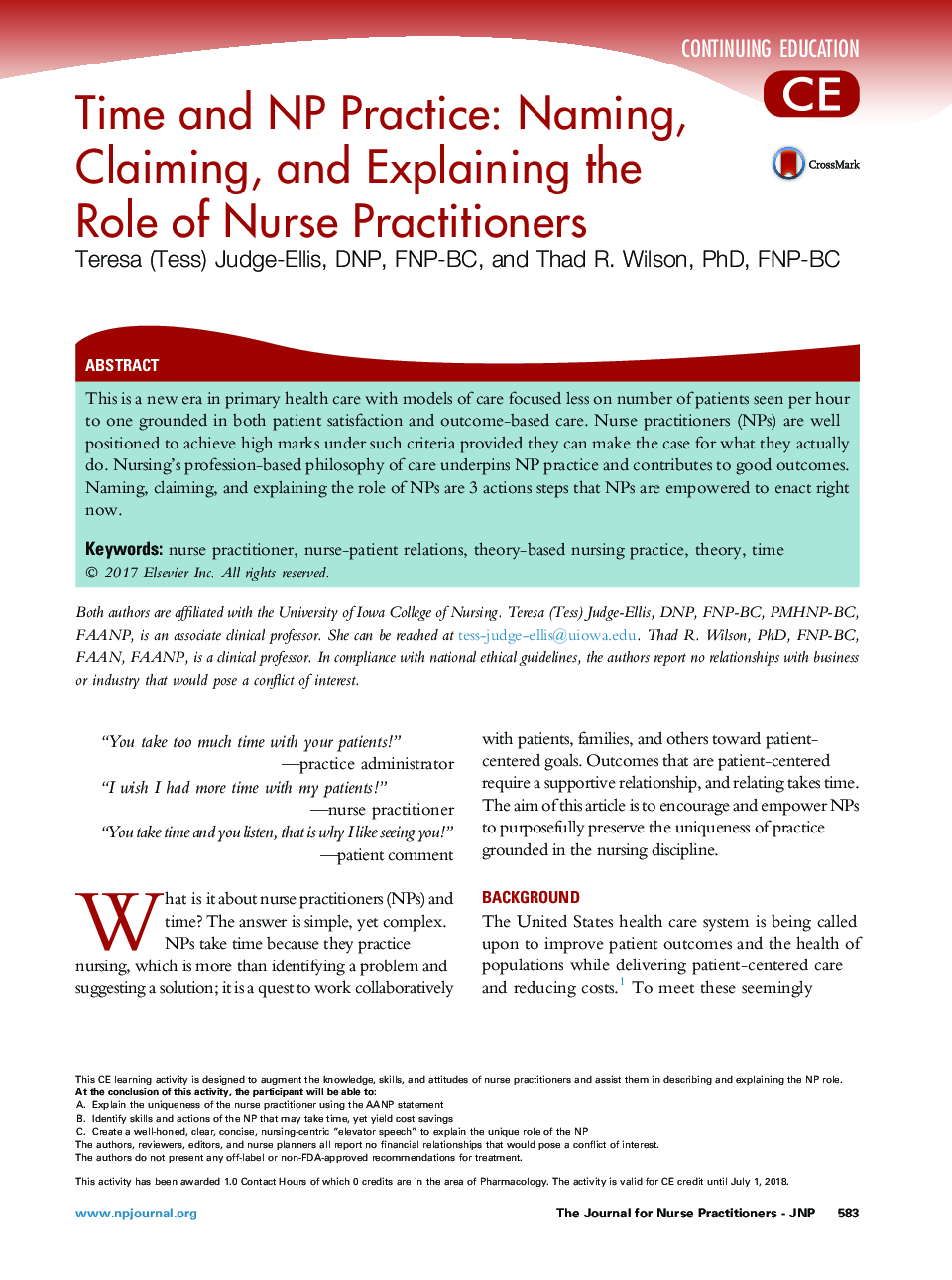Time and NP Practice: Naming, Claiming, and Explaining the RoleÂ ofÂ Nurse Practitioners