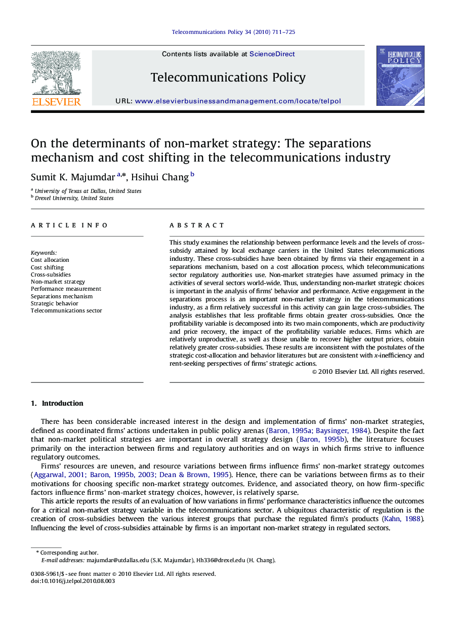 On the determinants of non-market strategy: The separations mechanism and cost shifting in the telecommunications industry