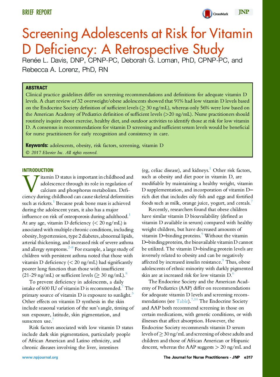 Screening Adolescents at Risk for Vitamin D Deficiency: A Retrospective Study