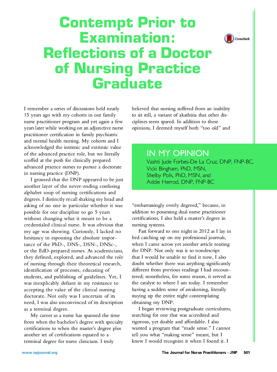 Contempt Prior to Examination: Reflections of a Doctor of Nursing Practice Graduate