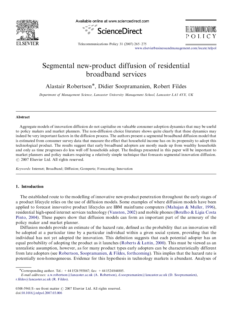 Segmental new-product diffusion of residential broadband services