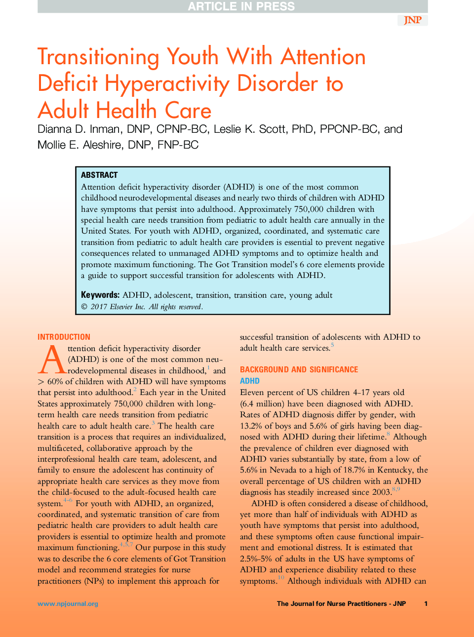 Transitioning Youth With Attention Deficit Hyperactivity Disorder to Adult Health Care