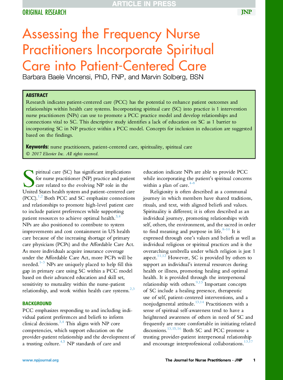 Assessing the Frequency Nurse Practitioners Incorporate Spiritual CareÂ into Patient-Centered Care