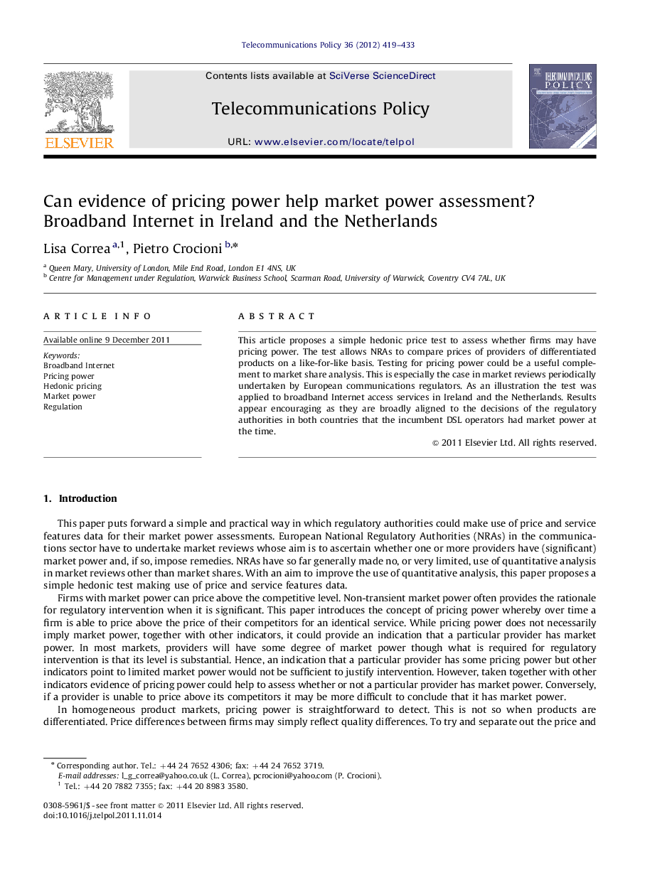 Can evidence of pricing power help market power assessment? Broadband Internet in Ireland and the Netherlands