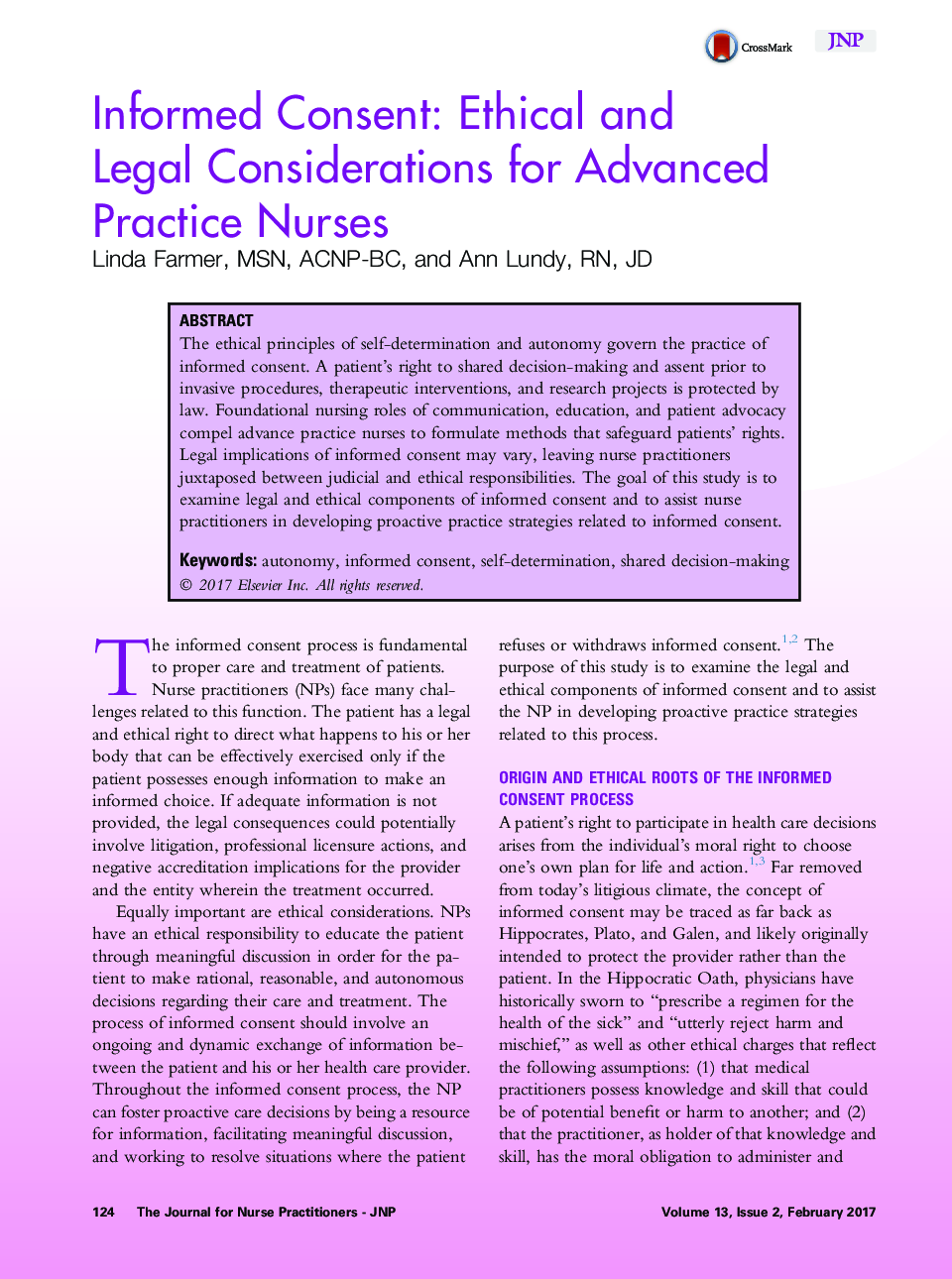 Informed Consent: Ethical and LegalÂ Considerations for Advanced PracticeÂ Nurses