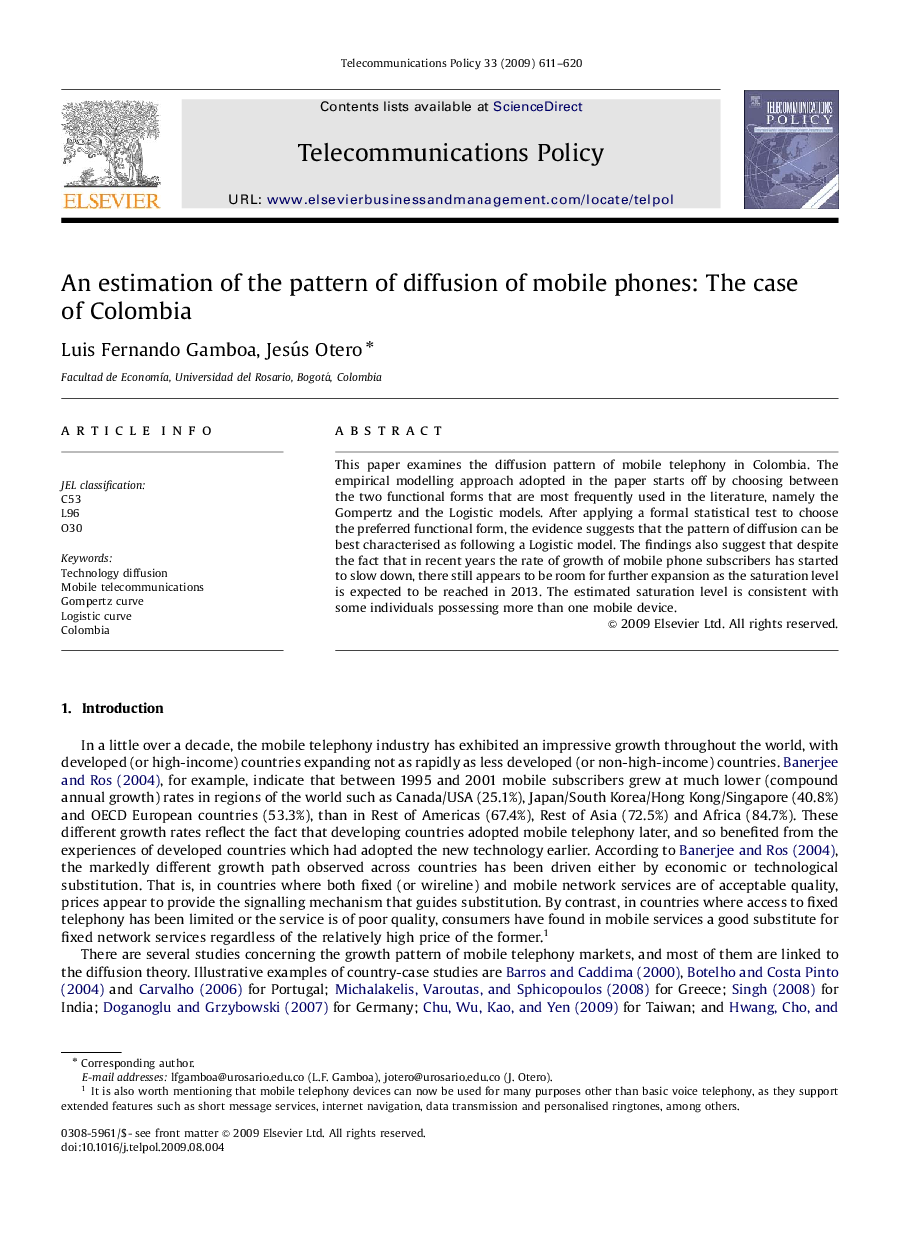 An estimation of the pattern of diffusion of mobile phones: The case of Colombia