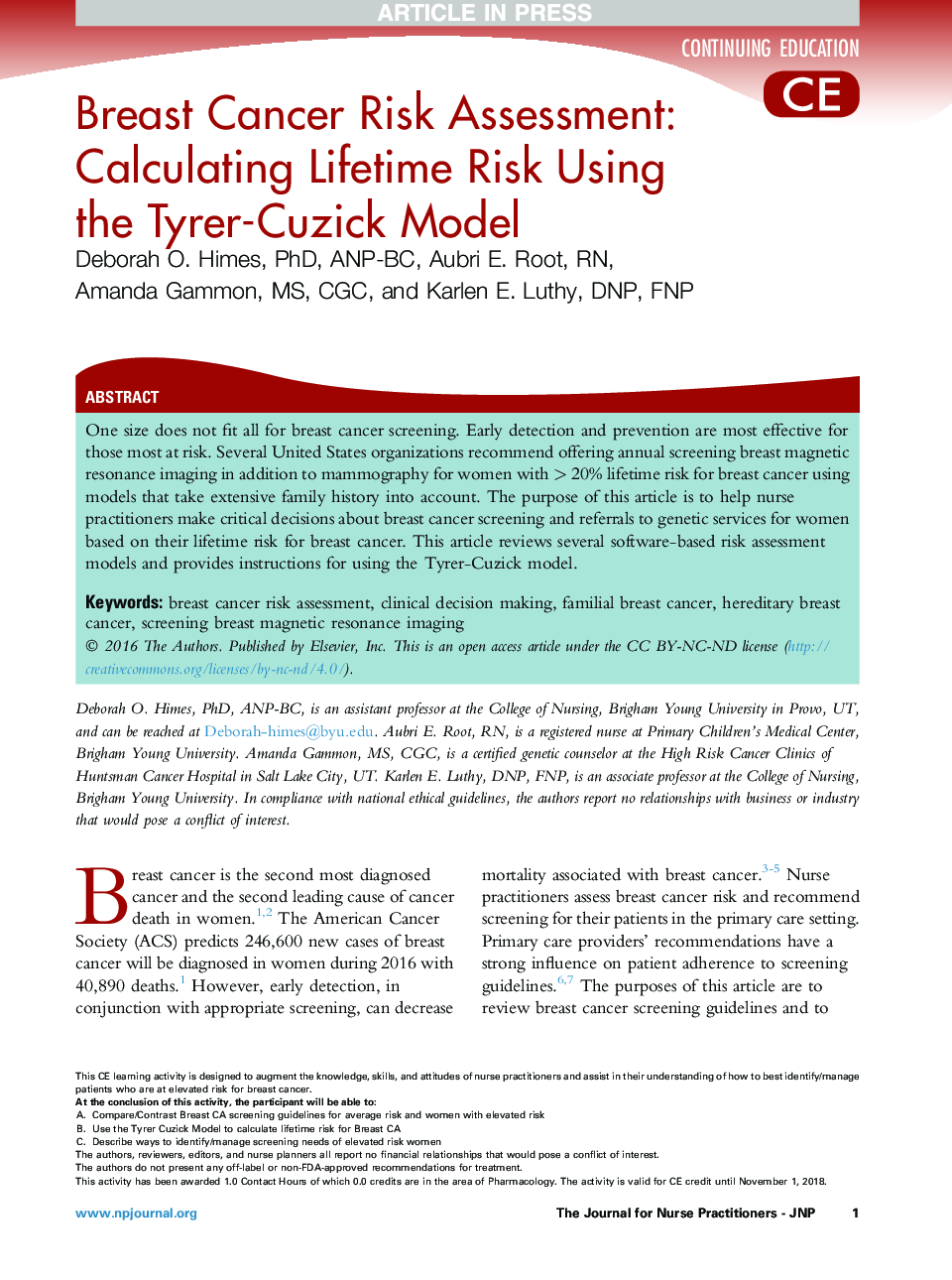 Breast Cancer Risk Assessment: Calculating Lifetime Risk Using the Tyrer-Cuzick Model