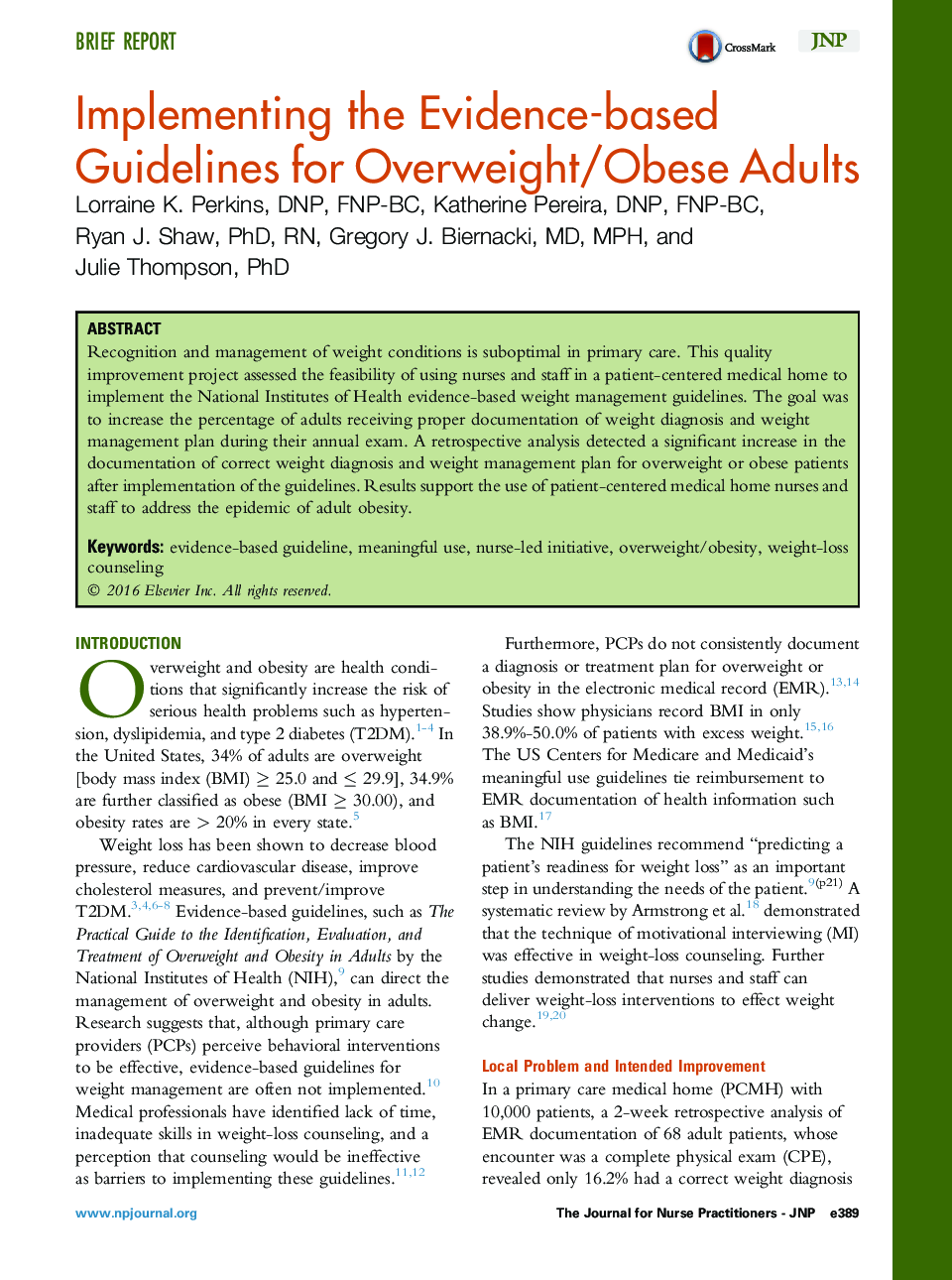 Implementing the Evidence-based Guidelines for Overweight/Obese Adults