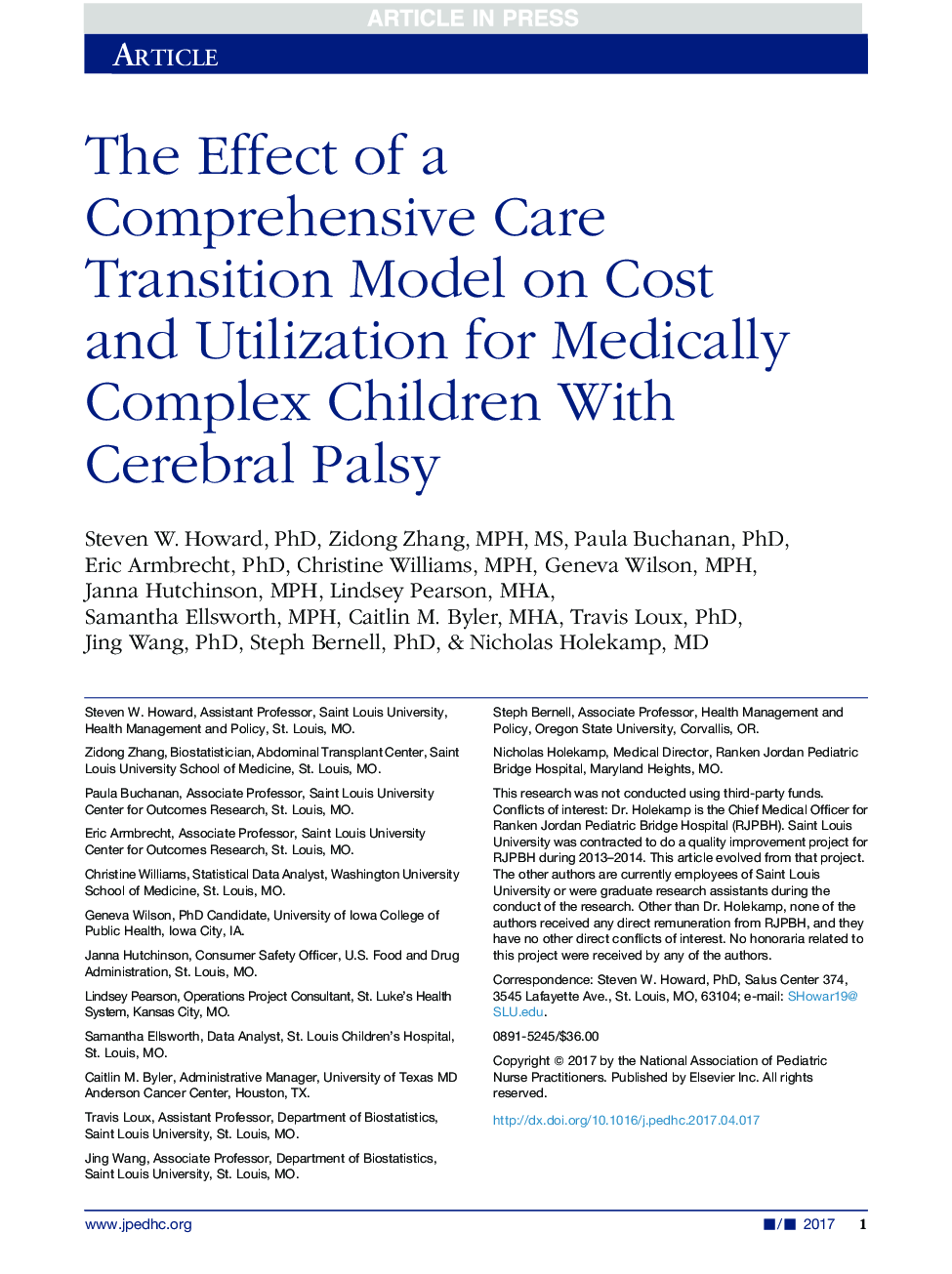 The Effect of a Comprehensive Care Transition Model on Cost and Utilization for Medically Complex Children With Cerebral Palsy