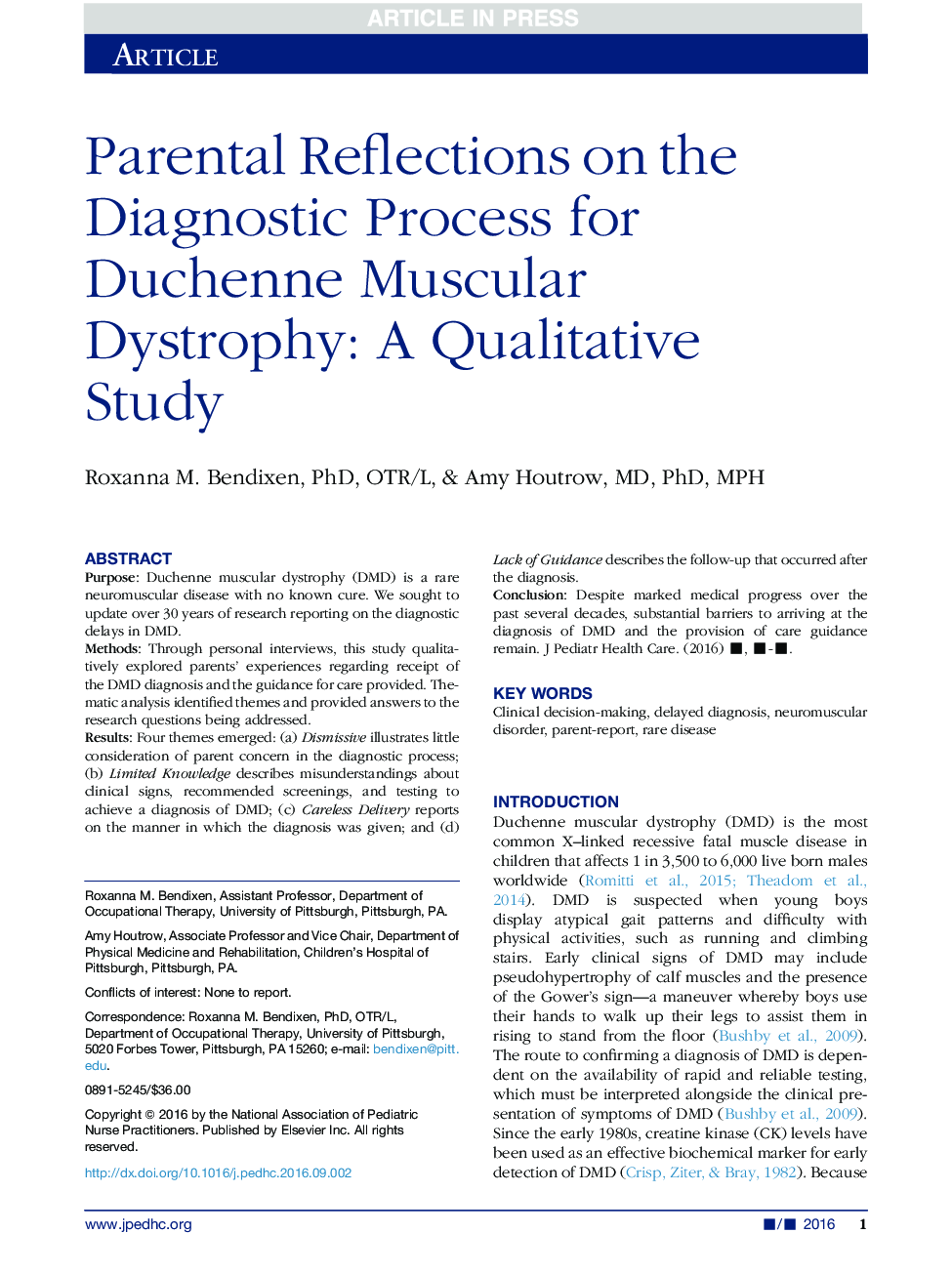 Parental Reflections on the Diagnostic Process for Duchenne Muscular Dystrophy: A Qualitative Study